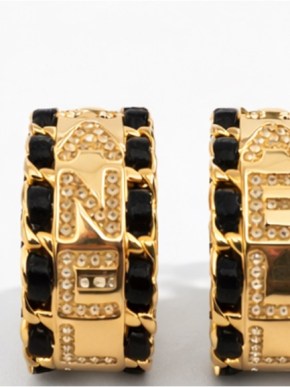 Designer Inspired Logo Chain Hoop Earrings Gold Black Rhinestone - Picture 5 of 5